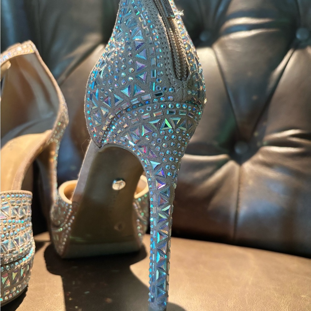 Thalia Sodi Beige Rhinestone T-Strap Peep-Toe Heels - Picture 5 of 8